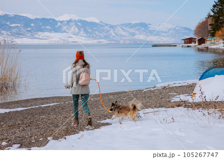 Woman walking her dog on a lake shore in winter Woman walking her dog on a lake shore in winter 105267747