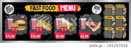Fast food restaurant menu template - price list/ banner - 200 x 60 cm Fast food restaurant menu template - price list/ banner - 200 x 60 cm 105267916