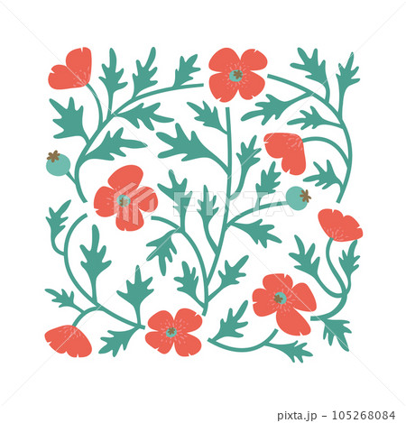 Modern colorful flat vector illustration with poppy flowers foliage, field. Abstract wild flower poster. 105268084