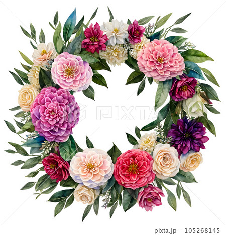 Watercolor Floral Wreath with Pink, White, Purple, Red Flowers and Leaves on White Background for Invitations, Wedding or Greeting Cards, Package Design, Decoration. AI Generated 105268145