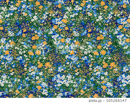 Floral Seamless Pattern with White Yellow Blue Green Wild Ditcy Flowers, Wallpaper Design for Textile, Cover, Package, Fabric, Print, Gift Wrap. AI Generated 105268147