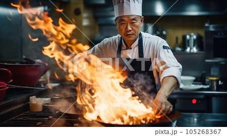 Asian chef cooking in restaurant Asian chef cooking in restaurant 105268367