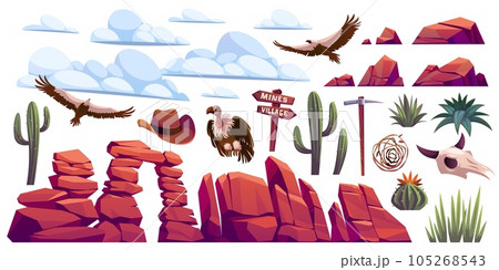Desert cactus and rocks. Cartoon flat arid landscape elements, flora and fauna, clouds, eagles and canyon rocks, saharas nature, olid cliffs, bare trees. Succulents and cacti tidy vector set Desert cactus and rocks. Cartoon flat arid landscape elements, flora and fauna, clouds, eagles and canyon rocks, saharas nature, olid cliffs, bare trees. Succulents and cacti tidy vector set 105268543