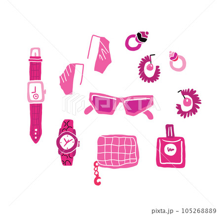 Vector illustration of woman accessories set. Hand-drown objects illustrations. Vector illustration Vector illustration of woman accessories set. Hand-drown objects illustrations. Vector illustration 105268889