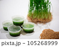 Juice and fresh wheat grass on the white table. 105268999