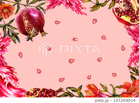 Pomegranate. Frame of pomegranate fruit on a branch, burst, cut pomegranate, flowers and pomegranate juice. 105269014