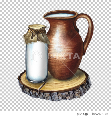 Dairy products. Pottery pot and bottle of milk. Watercolor hand drawn illustration. For milk promotion banner and flyer, dairy product label packaging. 105269076