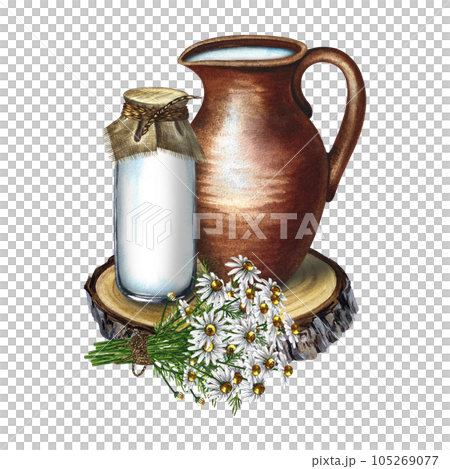 Dairy products. Pottery pot and bottle of milk. Bouquet of field daisies. Watercolor hand drawn illustration. For milk promotion banner and flyer, dairy product label packaging. Dairy products. Pottery pot and bottle of milk. Bouquet of field daisies. Watercolor hand drawn illustration. For milk promotion banner and flyer, dairy product label packaging. 105269077