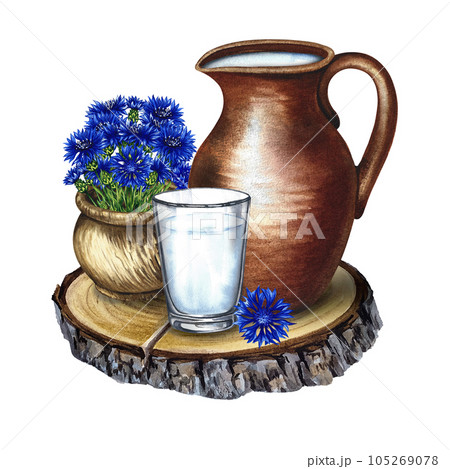Dairy products. Ceramic pot and a glass of milk. The composition is decorated with cornflowers. Watercolor hand drawn illustration. For milk promotion banner and flyer, dairy product label packaging. Dairy products. Ceramic pot and a glass of milk. The composition is decorated with cornflowers. Watercolor hand drawn illustration. For milk promotion banner and flyer, dairy product label packaging. 105269078