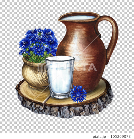 Dairy products. Ceramic pot and a glass of milk. The composition is decorated with cornflowers. Watercolor hand drawn illustration. For milk promotion banner and flyer, dairy product label packaging. Dairy products. Ceramic pot and a glass of milk. The composition is decorated with cornflowers. Watercolor hand drawn illustration. For milk promotion banner and flyer, dairy product label packaging. 105269078