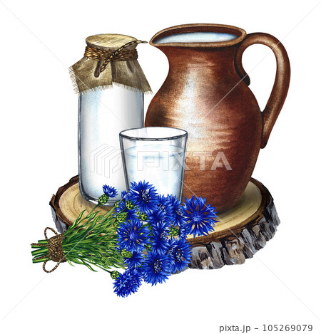 Dairy products. Ceramic pot bottle and glass with milk. The composition is decorated with cornflowers. Watercolor hand drawn illustration. For milk promotion banner and flyer, milk label packaging. Dairy products. Ceramic pot bottle and glass with milk. The composition is decorated with cornflowers. Watercolor hand drawn illustration. For milk promotion banner and flyer, milk label packaging. 105269079
