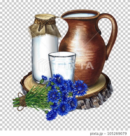 Dairy products. Ceramic pot bottle and glass with milk. The composition is decorated with cornflowers. Watercolor hand drawn illustration. For milk promotion banner and flyer, milk label packaging. Dairy products. Ceramic pot bottle and glass with milk. The composition is decorated with cornflowers. Watercolor hand drawn illustration. For milk promotion banner and flyer, milk label packaging. 105269079