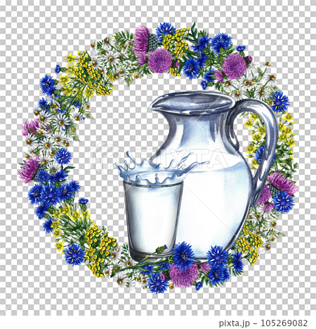 Carafe and a glass of milk. The composition is decorated with a wreath of wildflowers. Watercolor hand drawn illustration. For milk promotion banner, flyer, dairy product label packaging. Carafe and a glass of milk. The composition is decorated with a wreath of wildflowers. Watercolor hand drawn illustration. For milk promotion banner, flyer, dairy product label packaging. 105269082