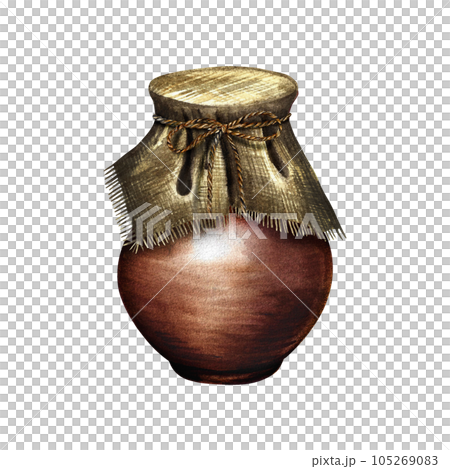Ceramic jug covered with linen. Watercolor hand drawn illustration. For designer packaging of dairy products, textiles, kitchen utensils, rustic prints and kitchen utensils. Ceramic jug covered with linen. Watercolor hand drawn illustration. For designer packaging of dairy products, textiles, kitchen utensils, rustic prints and kitchen utensils. 105269083