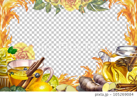 Tea drinking. Frame. Fragrant antiviral tea with lemon, cinnamon and ginger. Glass teapot and cup with vitamin tea against colds. Watercolor. Tea invitation. For flyers, packages and posters. Tea drinking. Frame. Fragrant antiviral tea with lemon, cinnamon and ginger. Glass teapot and cup with vitamin tea against colds. Watercolor. Tea invitation. For flyers, packages and posters. 105269084