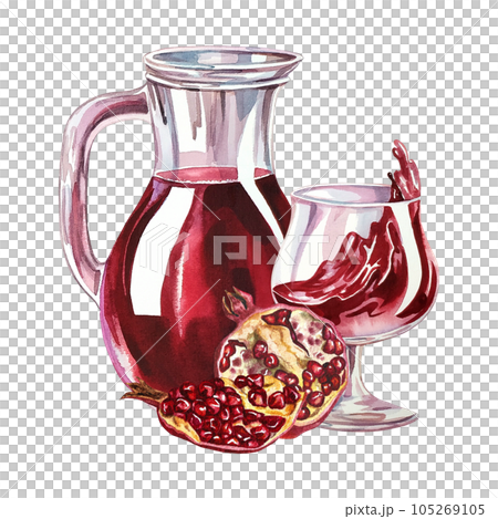 Pomegranate juice and pomegranate juice in decanter and glass. Watercolor hand drawn illustration. Isolate on white background. for design solutions. For labels, packaging and flyers, postcard, print. Pomegranate juice and pomegranate juice in decanter and glass. Watercolor hand drawn illustration. Isolate on white background. for design solutions. For labels, packaging and flyers, postcard, print. 105269105