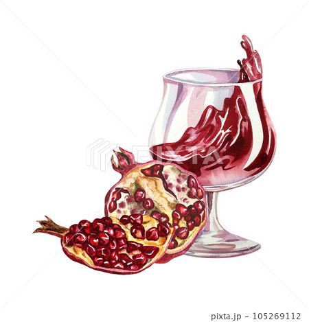 Pomegranate and pomegranate juice in a wine glass Watercolor hand drawn illustration. Isolate on white background. for design solutions. For labels, packaging and flyers, postcards, prints and banner. 105269112