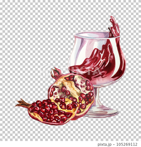 Pomegranate and pomegranate juice in a wine glass Watercolor hand drawn illustration. Isolate on white background. for design solutions. For labels, packaging and flyers, postcards, prints and banner. 105269112