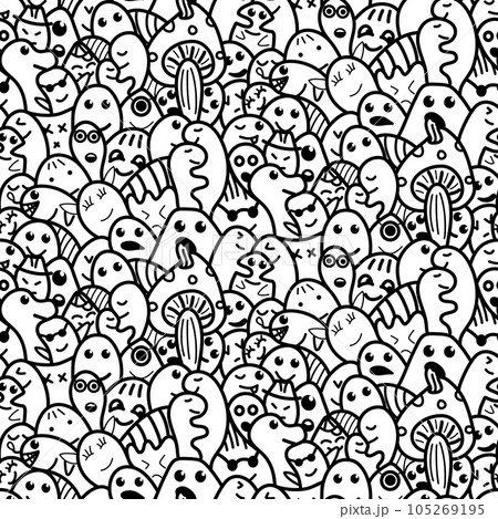 Doodle seamless pattern with monster facces and mushrooms. Coloring book. Vector illustration. Doodle seamless pattern with monster facces and mushrooms. Coloring book. Vector illustration. 105269195