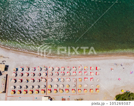 Aerial photographs. View from flying drone. Birds-eye view of beach in Montenegro. Top view 105269387