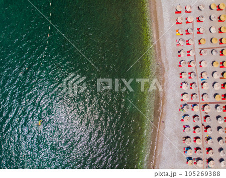 Aerial photographs. View from flying drone. Birds-eye view of beach in Montenegro. Top view 105269388