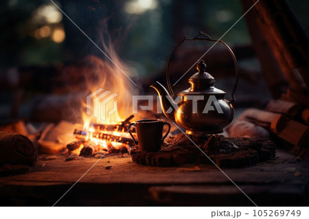 Vintage Coffee Pot On Camping Fire Stock Photo 1739629133