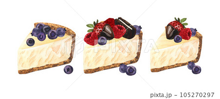 Watercolor set dessert, piece of cheesecake with fresh berries strawberries and blueberry. Hand-drawn illustration isolated on white background. Perfect food menu, food drawing, design packing, print 105270297