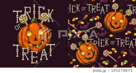 Set of halloween pattern and logo with candy, bat, sweeets, pumpkin stylized as freckled kids face, text 105270673