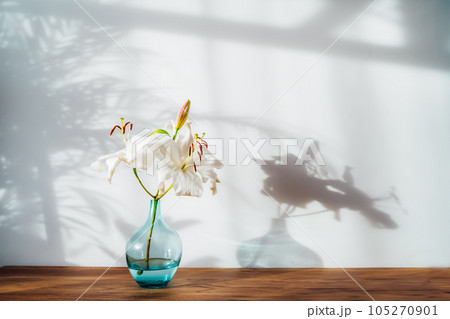 White lily flowers in blue glass vase on the wooden console under hard sunlight and home plants shadows on gray wall. Trendy minimalist interior design decor. Selective focus. Copy space. White lily flowers in blue glass vase on the wooden console under hard sunlight and home plants shadows on gray wall. Trendy minimalist interior design decor. Selective focus. Copy space. 105270901