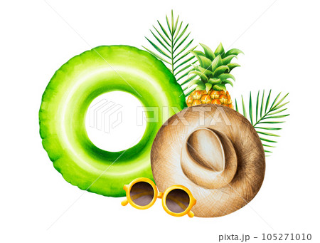 Watercolor tropical beach composition with hat, sunglasses, palm tree, pineapple and pool float illlustrations. Tropical fruit isolated on white background. For designers, spa decoration, postcards, 105271010