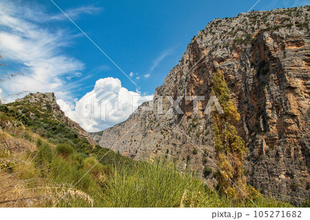 Raganello Gorge with Devil bridge in Civita, Calabria, Italy. Beautiful mountain landscape of the Pollino National Park 105271682