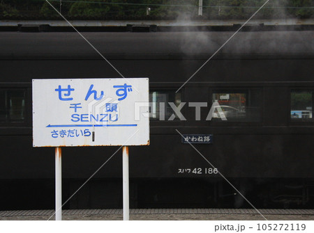 大井川鉄道、「せんず」の駅名標と、「かわね」路号の旧型客車 105272119