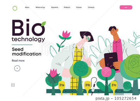 Bio Technology, Seed Modification -modern flat vector concept illustration of scientists analysing genetic modificated variants of a plant. Metaphor of direct impact of GMO on vegetation 105272654