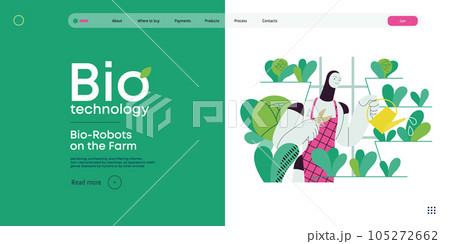Bio Technology, Robot on farm -modern flat vector concept illustration of bio-robot engaged in agricultural activities. Metaphor of robotics and biotechnology integration, efficiency, sustainability 105272662