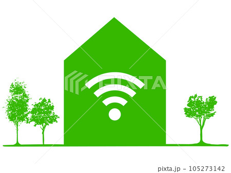 Wi-Fiマーク 緑の家と樹木のおしゃれなWiFiマークのイラスト アイコン素材 105273142