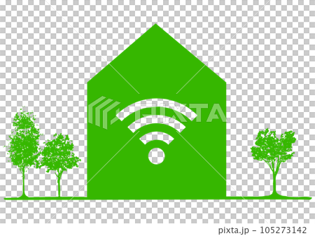 Wi-Fiマーク 緑の家と樹木のおしゃれなWiFiマークのイラスト アイコン素材 105273142