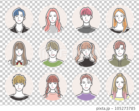各種各樣的人的面孔的例證年輕人的面孔。 105273785