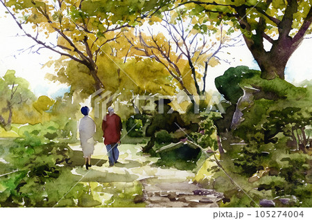 日本庭園を歩く老夫婦 水彩イラスト Generative AIのイラスト素材