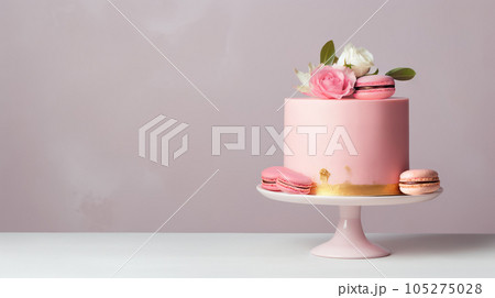Advertising shot of a pink wedding cake with makarons, isolated on pink background. High quality photo 105275028