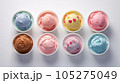 Advertising shot, several bowls of multi type and taste ice cream, top view, isolated on light gray background. High quality illustration 105275049