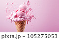 Advertising shot, pink fruit ice cream with splashes in a cone isolated on light pink background. High quality illustration 105275053