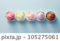 Advertising shot, several bowls of different ice cream in a row, top view, isolated on light gray background. High quality illustration 105275061