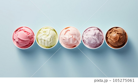 Advertising shot, several bowls of different ice cream in a row, top view, isolated on light gray background. High quality illustration Advertising shot, several bowls of different ice cream in a row, top view, isolated on light gray background. High quality illustration 105275061