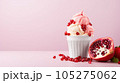 Advertising shot, pink and vanilla ice cream in a cup with pomegranate, isolated on light pink background. High quality illustration 105275062