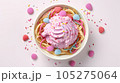 Advertising shot, a bowl of spaghetti ice cream with sprinkles, top view on light pink background. High quality illustration 105275064