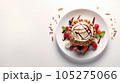 Plate with cream and creamy ice cream on a plate with fruits, berries and chocolate, poured with syrup in a top view isolated on light gray background. High quality illustration 105275066