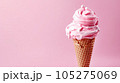 Advertising shot, pink fruit ice cream in a cone front view isolated on light pink background. High quality illustration 105275069