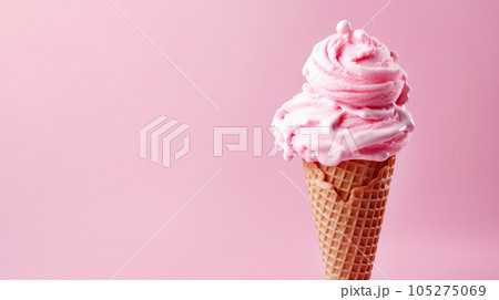Advertising shot, pink fruit ice cream in a cone front view isolated on light pink background. High quality illustration 105275069