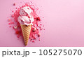 Advertising shot, pink fruit ice cream with berries in a cone top view isolated on light pink background. High quality illustration 105275070