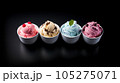 Advertising shot, several bowls of different ice cream in a row with berries, top view, isolated on black background. High quality illustration 105275071
